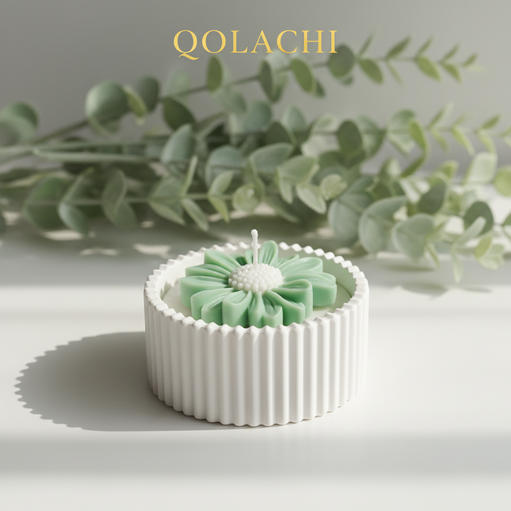 Qolachi Dahlia Lumière candle vessel in mint green on botanical sage background