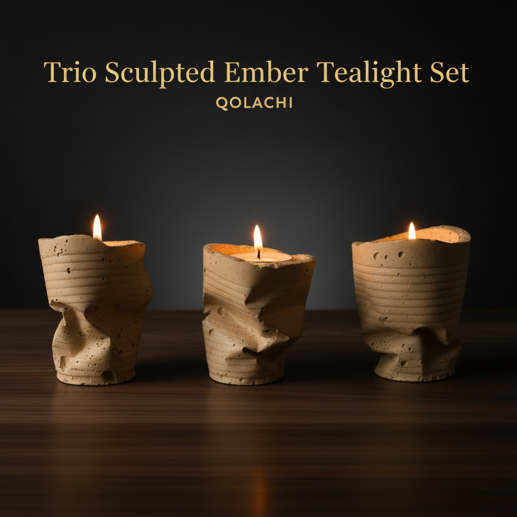 Sculpted Ember Tealight Trio in Beige by Qolachi Interiors