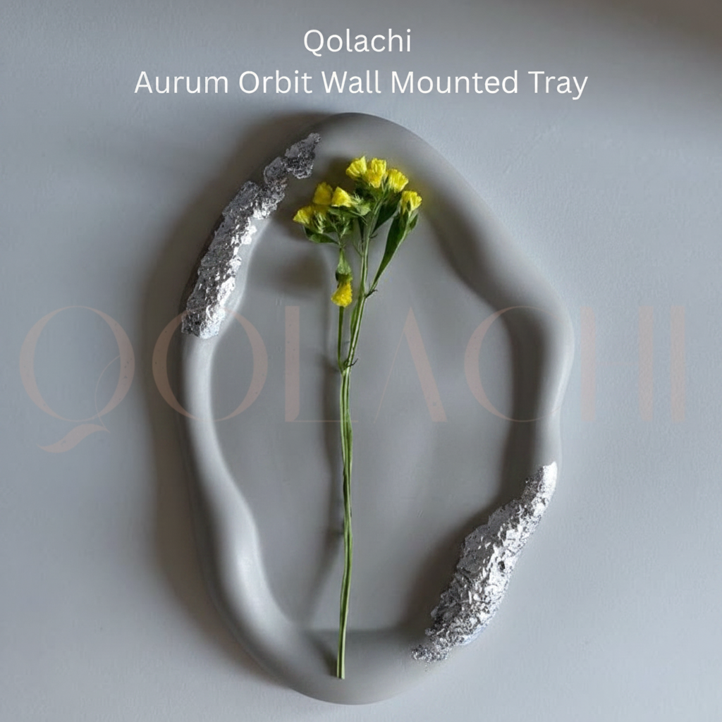 Qolachi Aurum Orbit Wall Mounted Tray in Silver Grey monochromatic colorway, square format branded product image