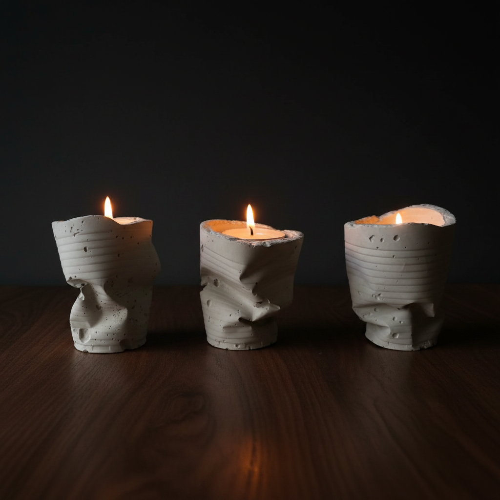 Sculpted Ember Concrete Tealight Trio in Ivory White by Qolachi Interiors