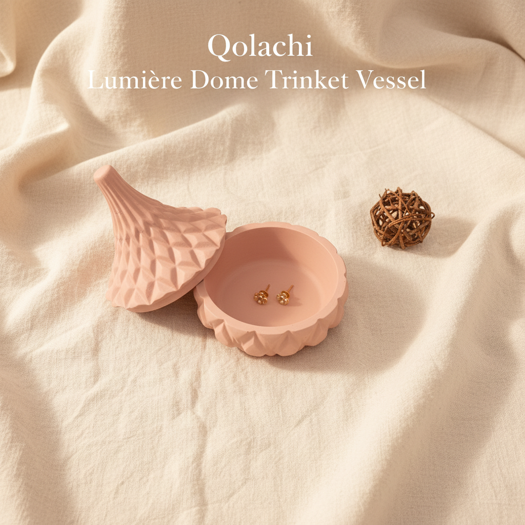 Lumière Dome open lid Blush Pink with gold earrings — Qolachi branded