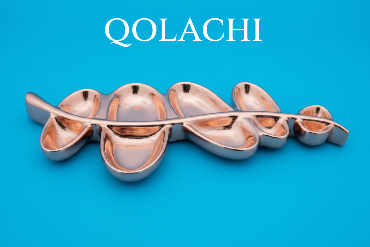 Aurum Botanica Leaf Tray – Rose Gold on Electric Blue | Qolachi Interiors