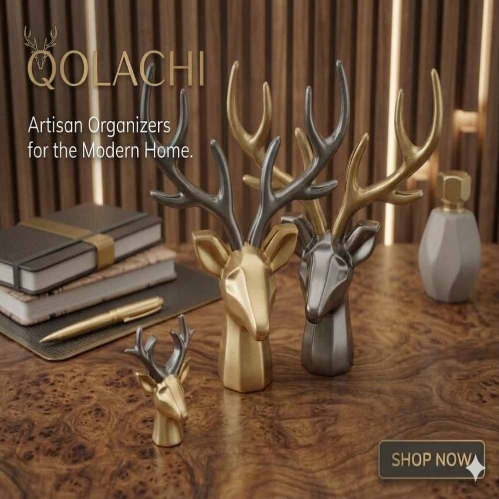 Qolachi Monarch Deer Head Organizer - Warm walnut luxury setting