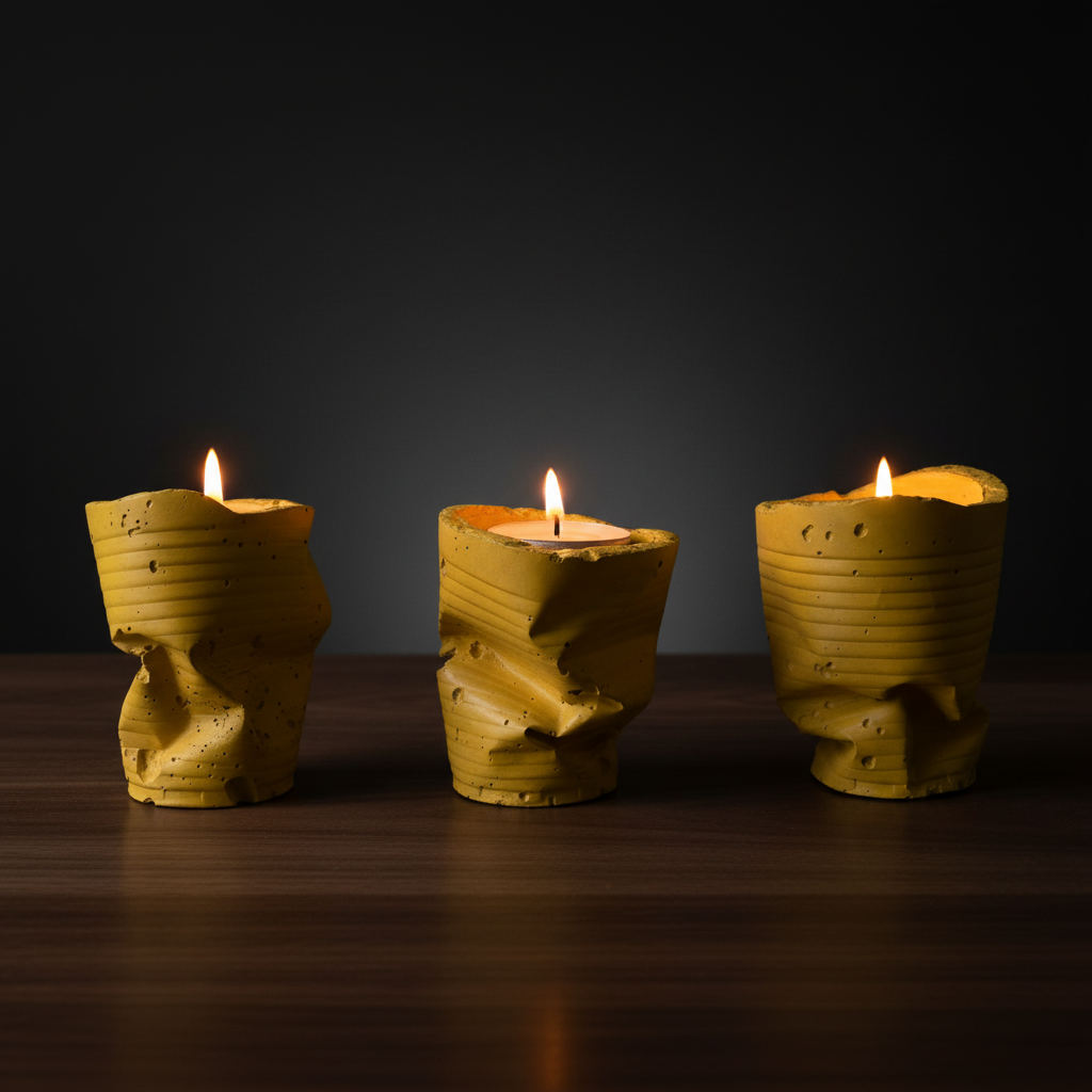 Sculpted Ember Concrete Tealight Trio in Yellow by Qolachi Interiors