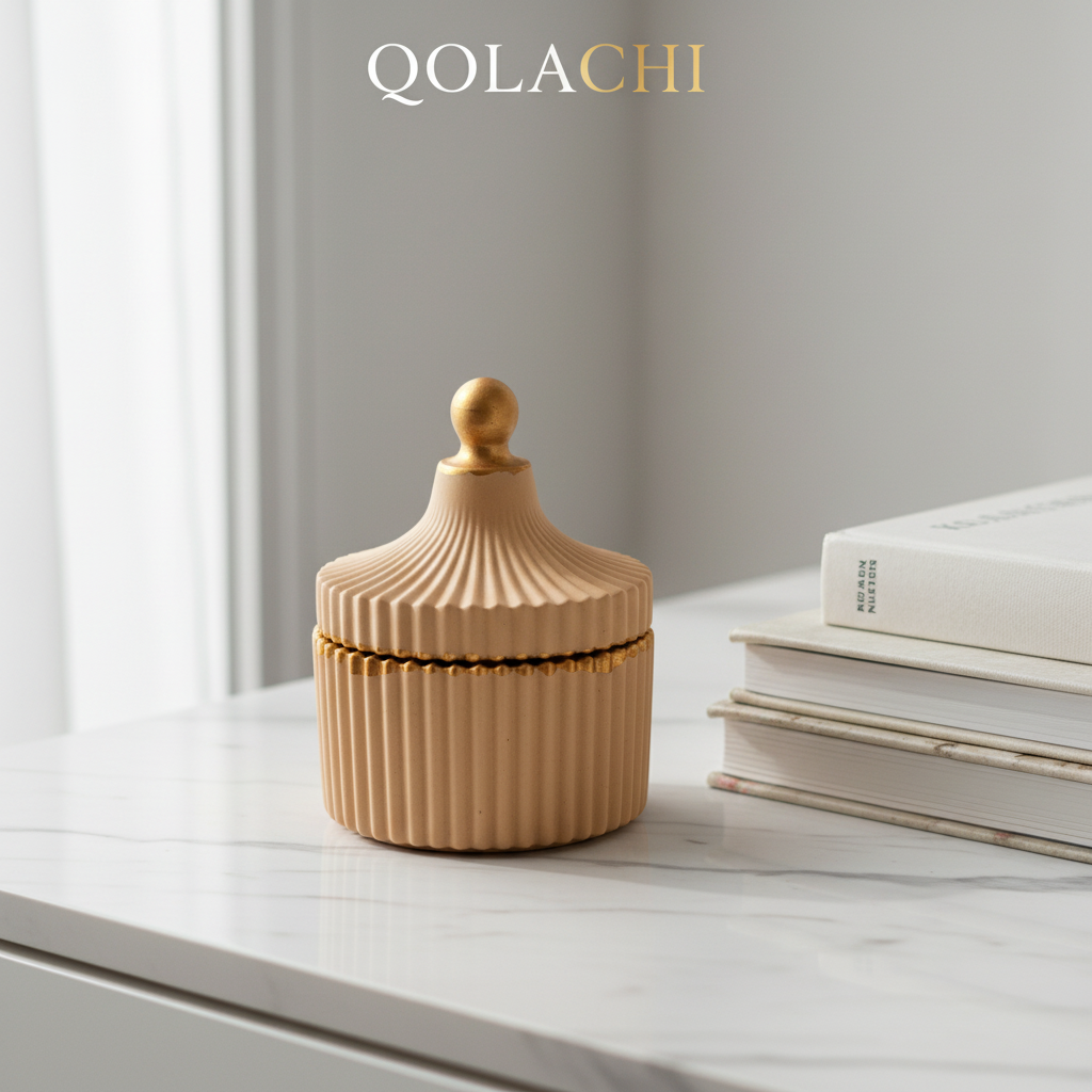 Atelier Ribbed Ceramic Trinket Jar in Desert Sand — Qolachi Signature Collection