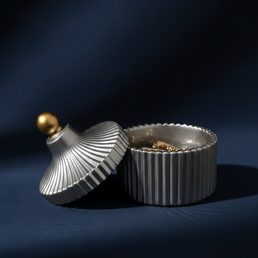 Qolachi Atelier Ribbed Ceramic Trinket Jar in Royal Blue and Silver Metallic Matte