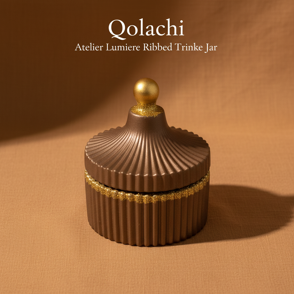 Qolachi Atelier Lumiere Ribbed Trinket Jar in Mocha Brown Metallic Matte with Gold contrast
