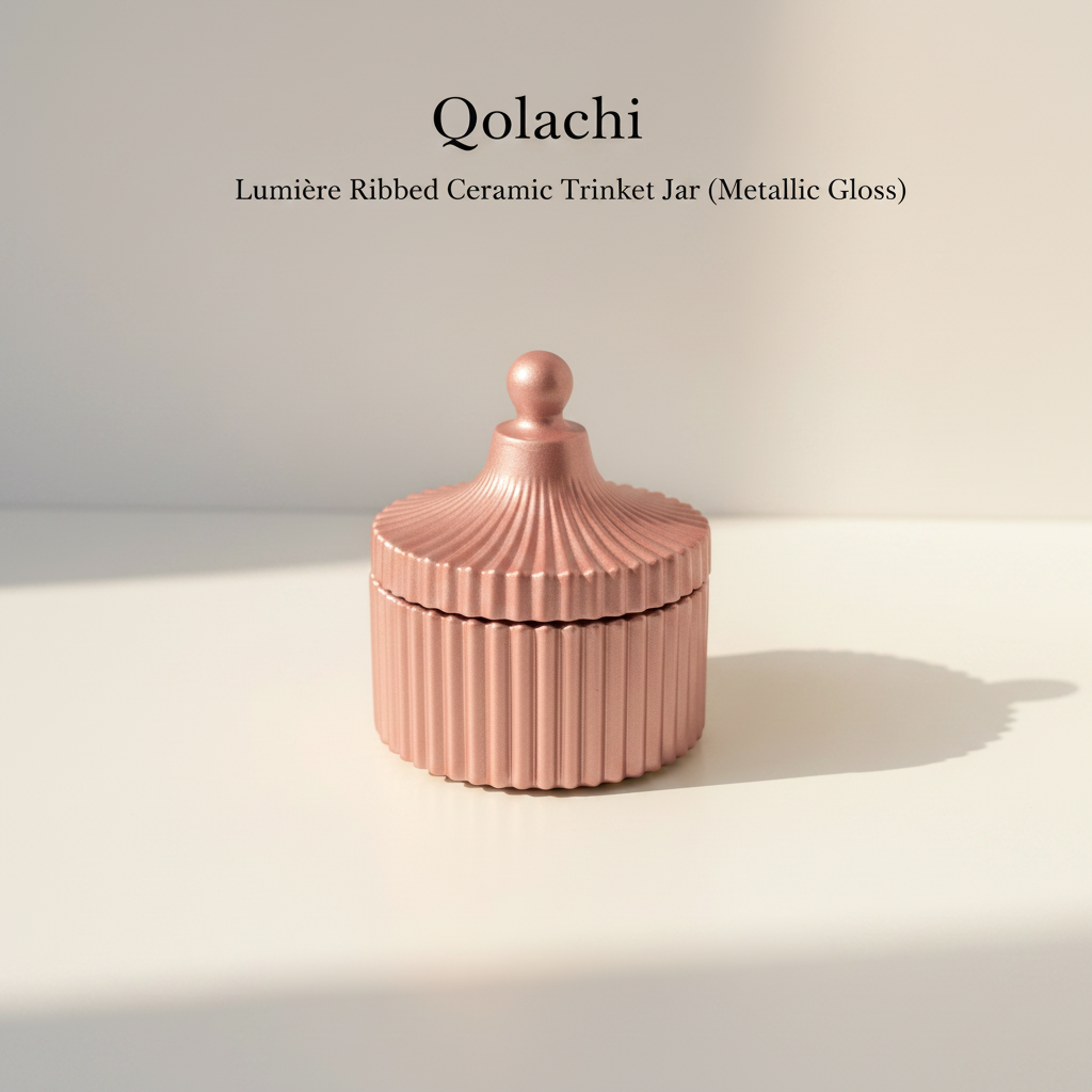 Qolachi Lumière Ribbed Ceramic Trinket Jar in Pink Metallic Gloss
