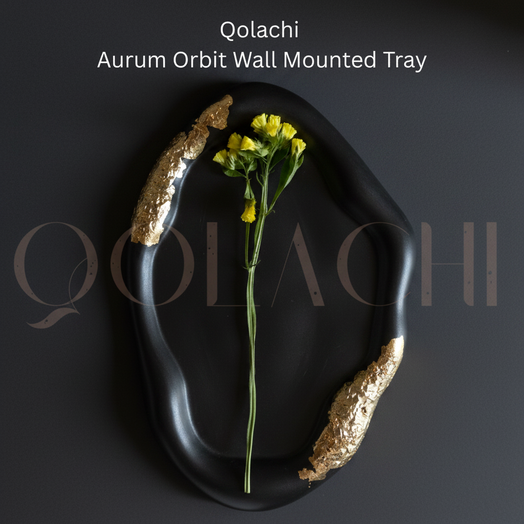 Qolachi Aurum Orbit Wall Mounted Tray in Pearl Black monochromatic colorway, square format branded product image