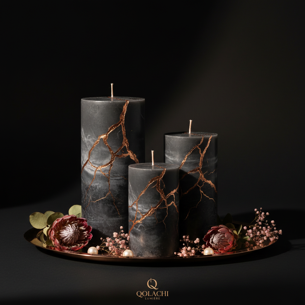 Qolachi Lumière Pillar Candle – Charcoal Grey & Rose Gold Dual Tone
