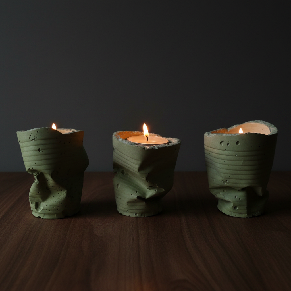 Sculpted Ember Concrete Tealight Trio in Sage Green by Qolachi Interiors
