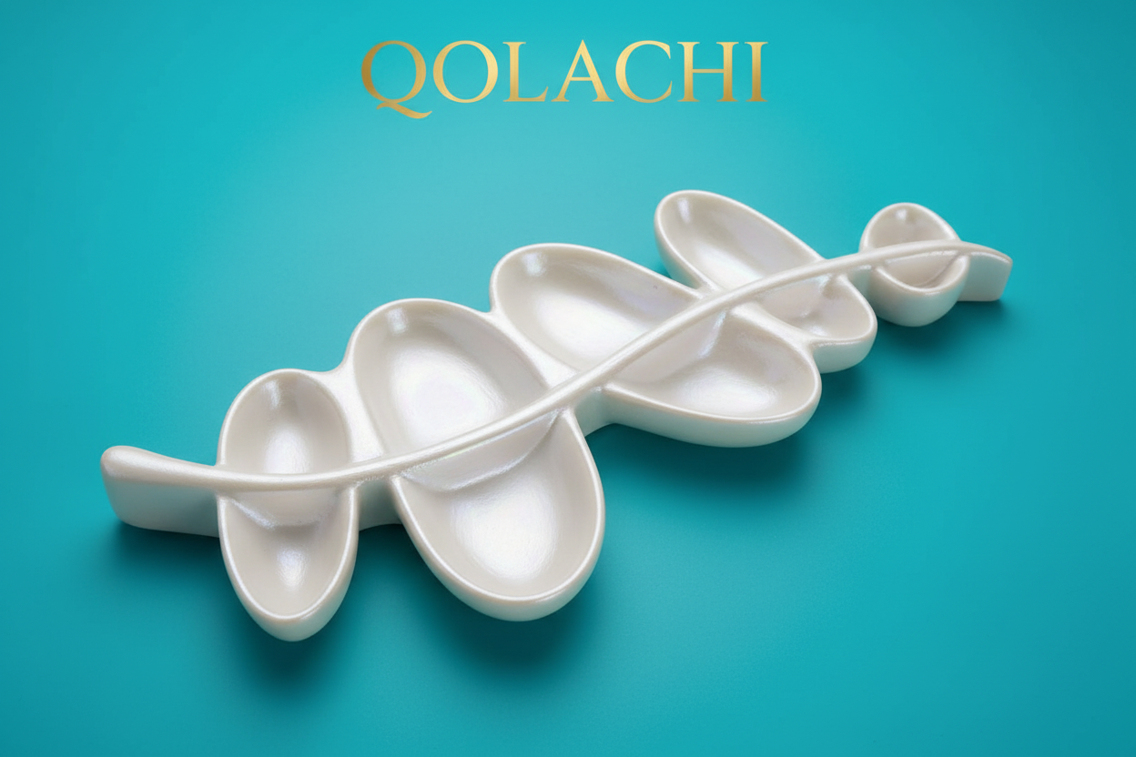 Aurum Botanica Leaf Tray – Pearl White on Teal | Qolachi Interiors