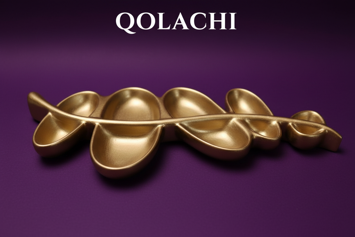 Aurum Botanica Leaf Tray – Champagne Gold on Deep Violet | Qolachi Interiors