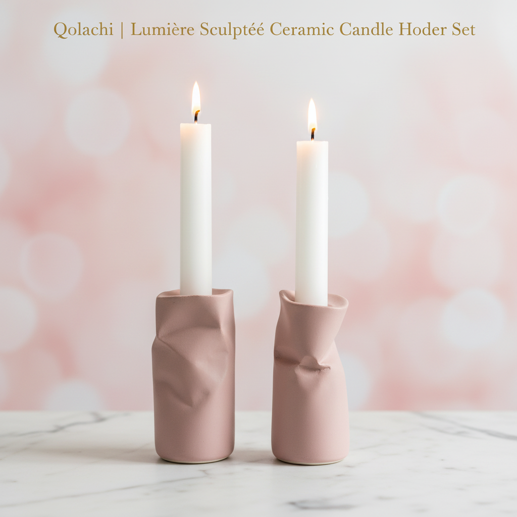 Lumière Sculptée Ceramic Candle Holder Set – Blush Pink
