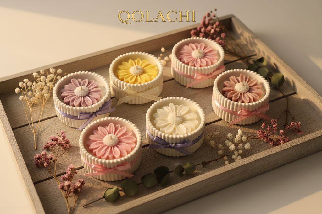 Qolachi Dahlia Lumière full collection flat lay on wooden tray