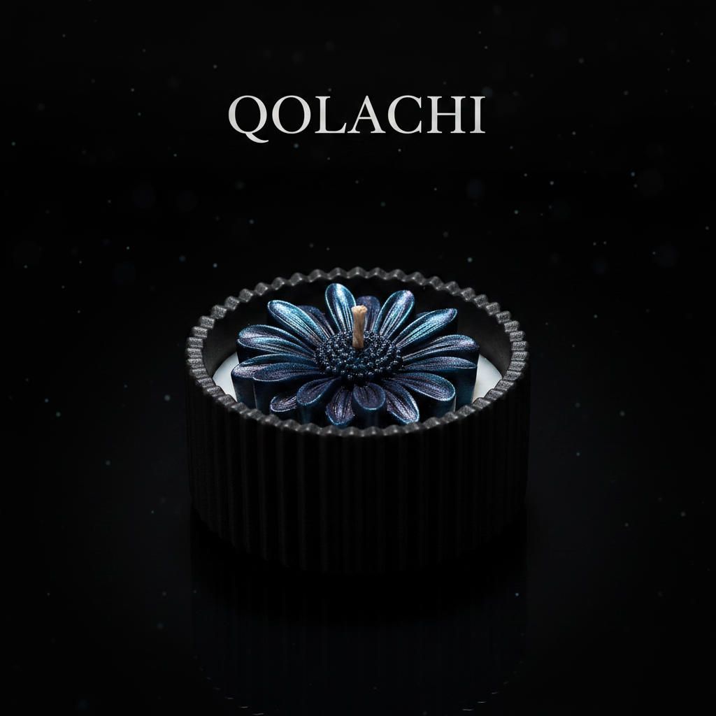 Qolachi Dahlia Lumière candle vessel in metallic midnight navy on starfield black background