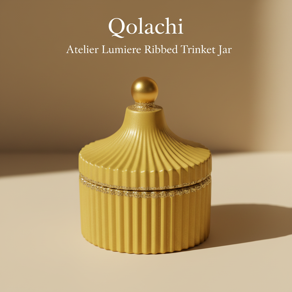 Qolachi Atelier Lumiere Ribbed Trinket Jar in Sunlit Yellow Metallic Matte with Gold contrast