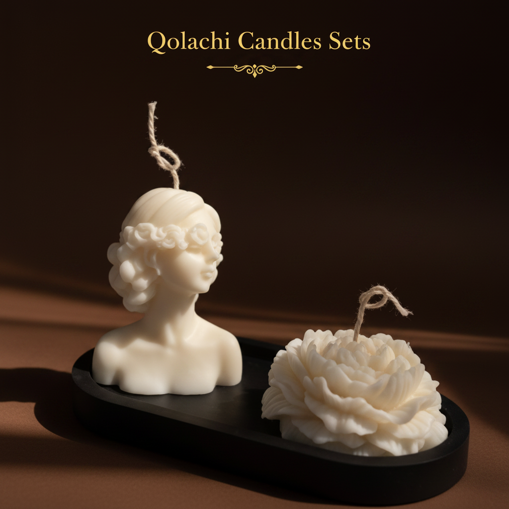 Qolachi Lumière Duo sculptural candle set in warm beige finish on dark background