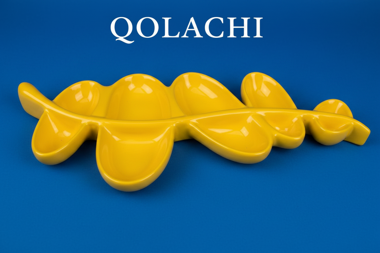 Aurum Botanica Leaf Tray – Yellow on Royal Blue Background | Qolachi Interiors