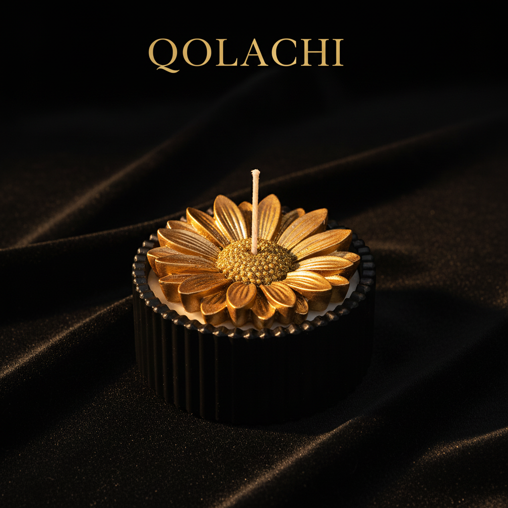 Qolachi Dahlia Lumière candle vessel in metallic gold on deep black velvet background