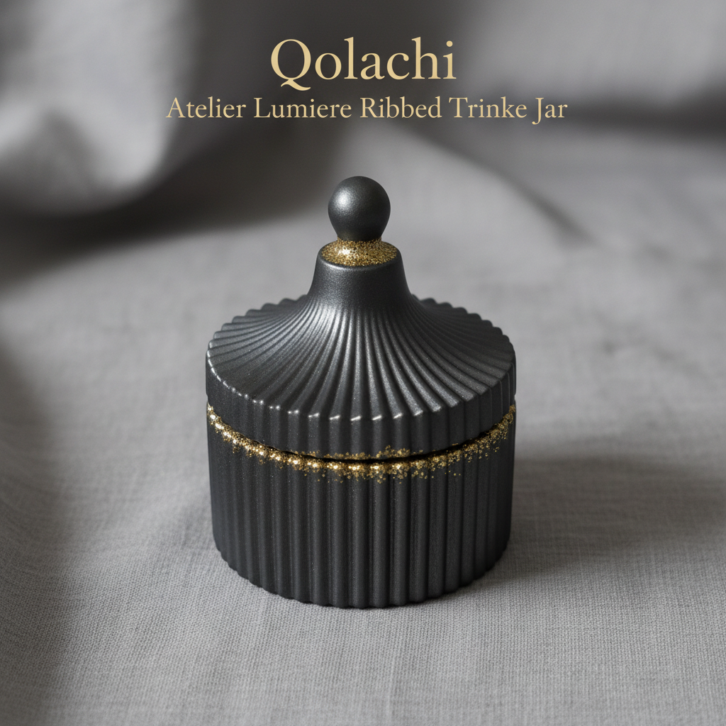Qolachi Atelier Lumiere Ribbed Trinket Jar in Charcoal Gray Metallic Matte with Gold contrast