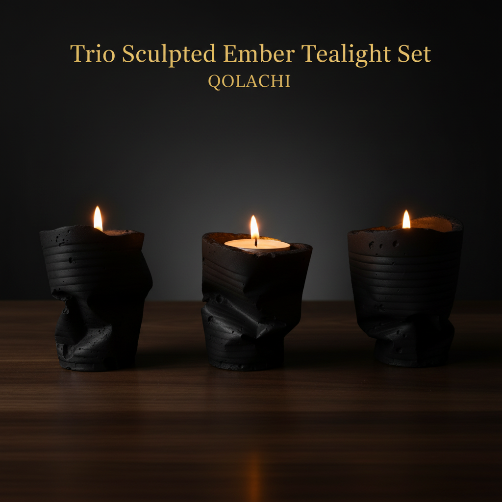 Sculpted Ember Tealight Trio in Pearl Black by Qolachi Interiors
