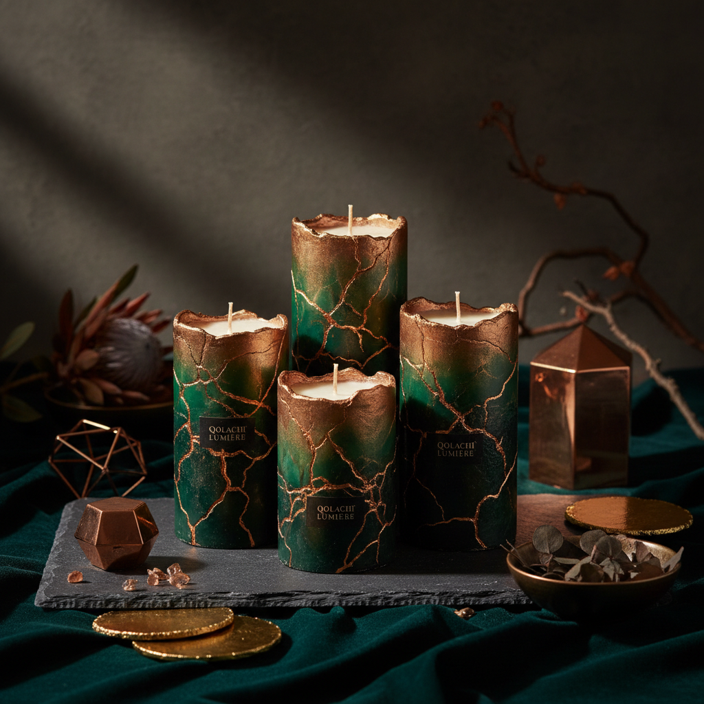 Qolachi Lumière Pillar Candle – Forest Green & Copper Dual Tone