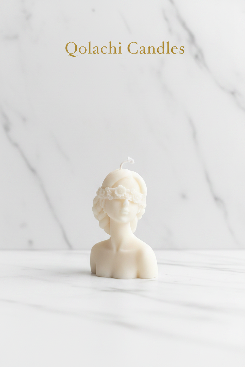Qolachi Muse Éternelle sculptural goddess bust candle in ivory white on marble background