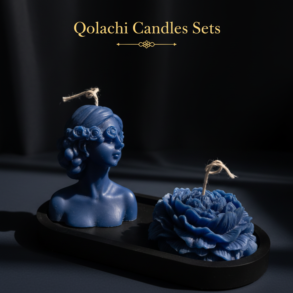 Qolachi Lumière Duo sculptural candle set in royal blue finish on dark background