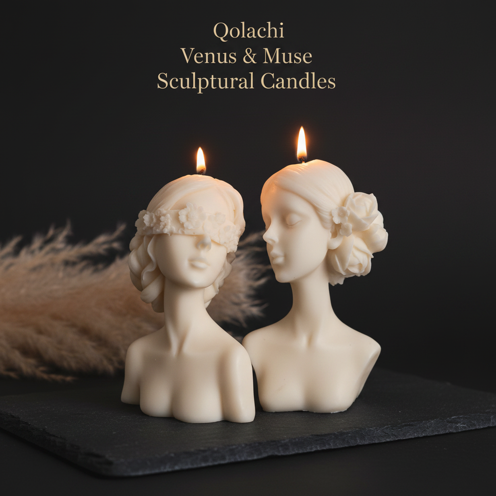 Qolachi Venus & Muse Sculptural Candles - charcoal moody background