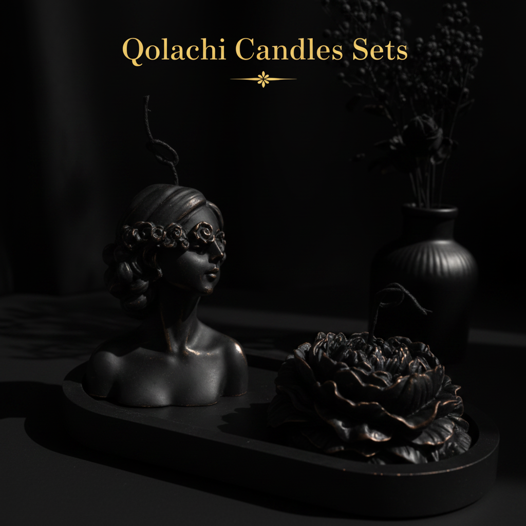 Qolachi Lumière Duo sculptural candle set in matte black finish on dark background