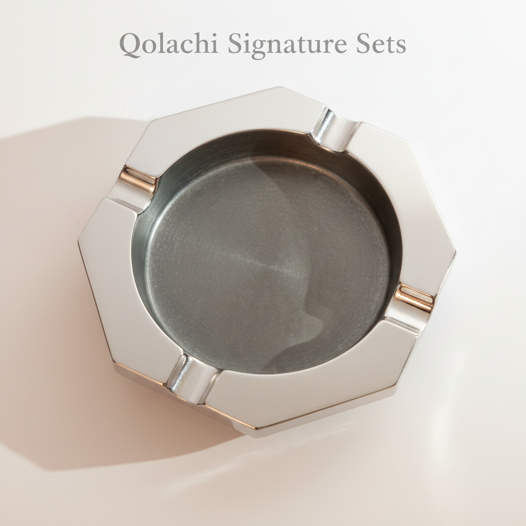 Qolachi Signature Octagon Ashtray in platinum-white titanium metallic double-tone
