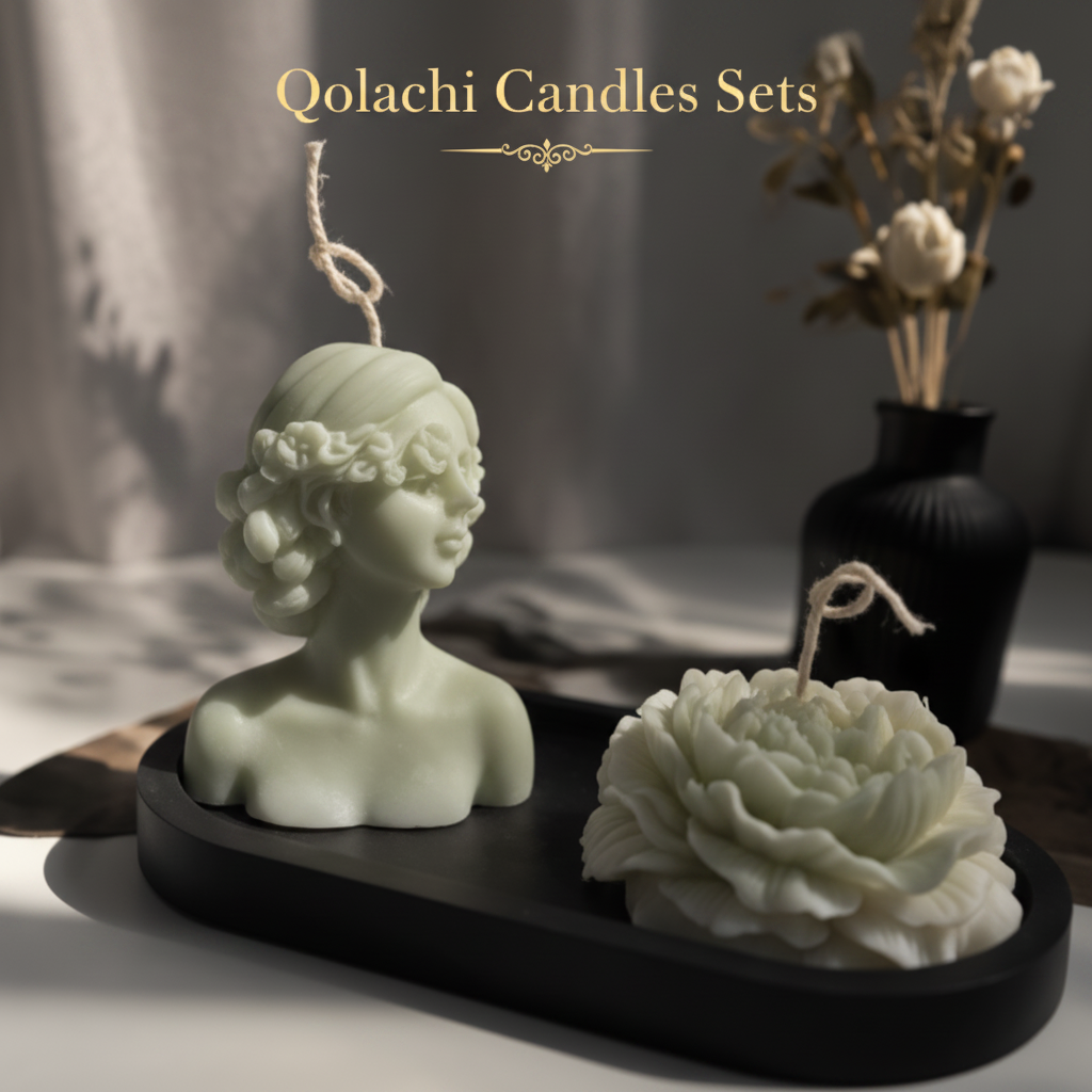Qolachi Lumière Duo sculptural candle set in sage green finish on dark background