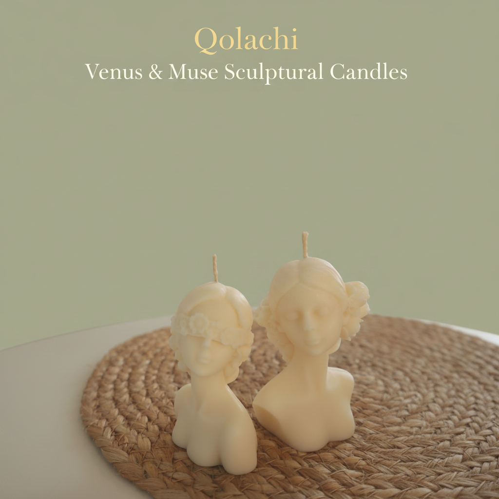 Qolachi Venus & Muse Sculptural Candles - sage green background