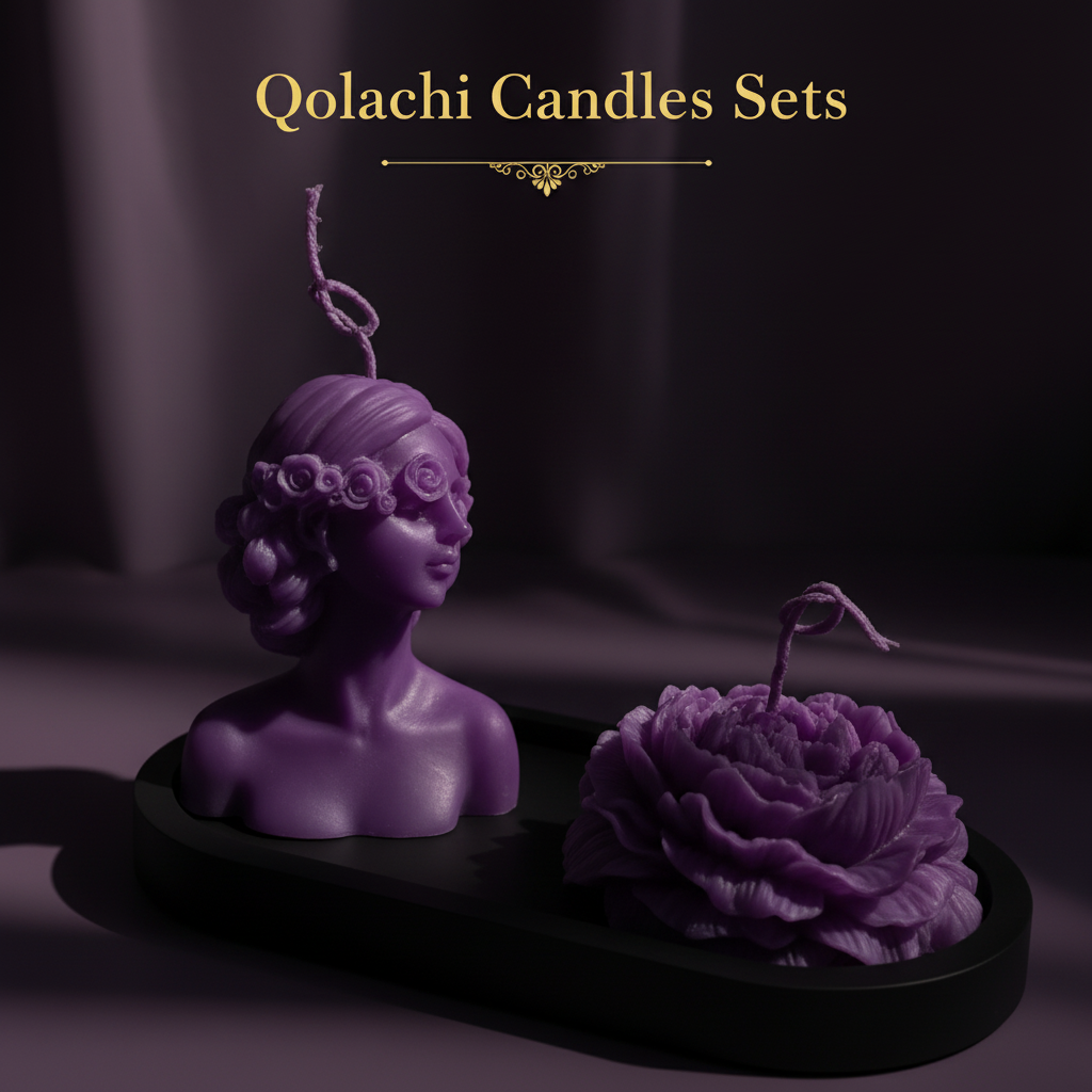 Qolachi Lumière Duo sculptural candle set in royal purple finish on dark background