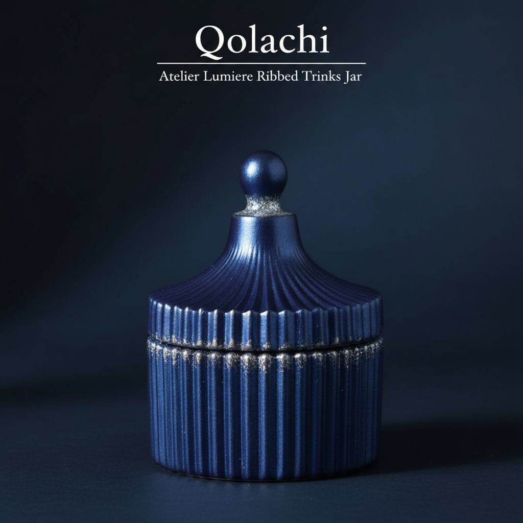 Qolachi Atelier Lumiere Ribbed Trinket Jar in Royal Blue Metallic Matte with Silver contrast