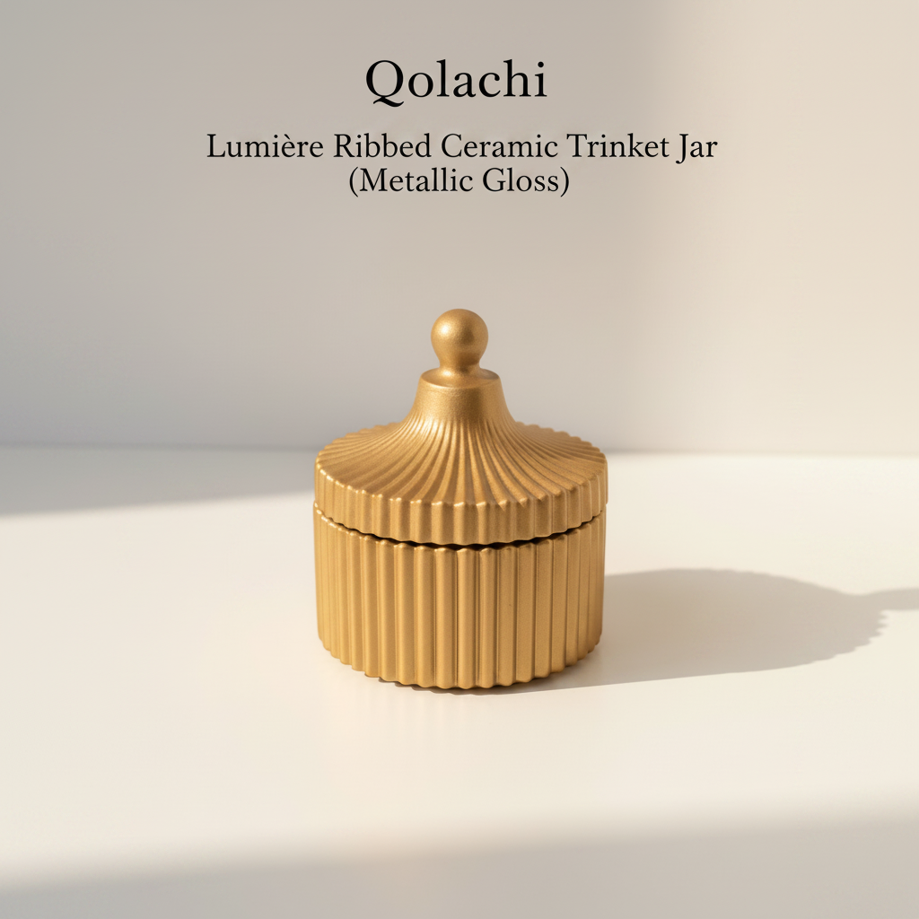 Qolachi Lumière Ribbed Ceramic Trinket Jar in Beige Metallic Gloss
