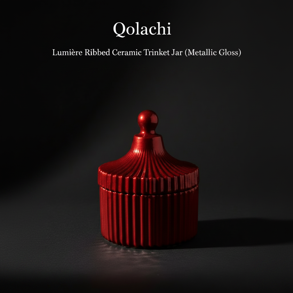Qolachi Lumière Ribbed Ceramic Trinket Jar in Red Metallic Gloss