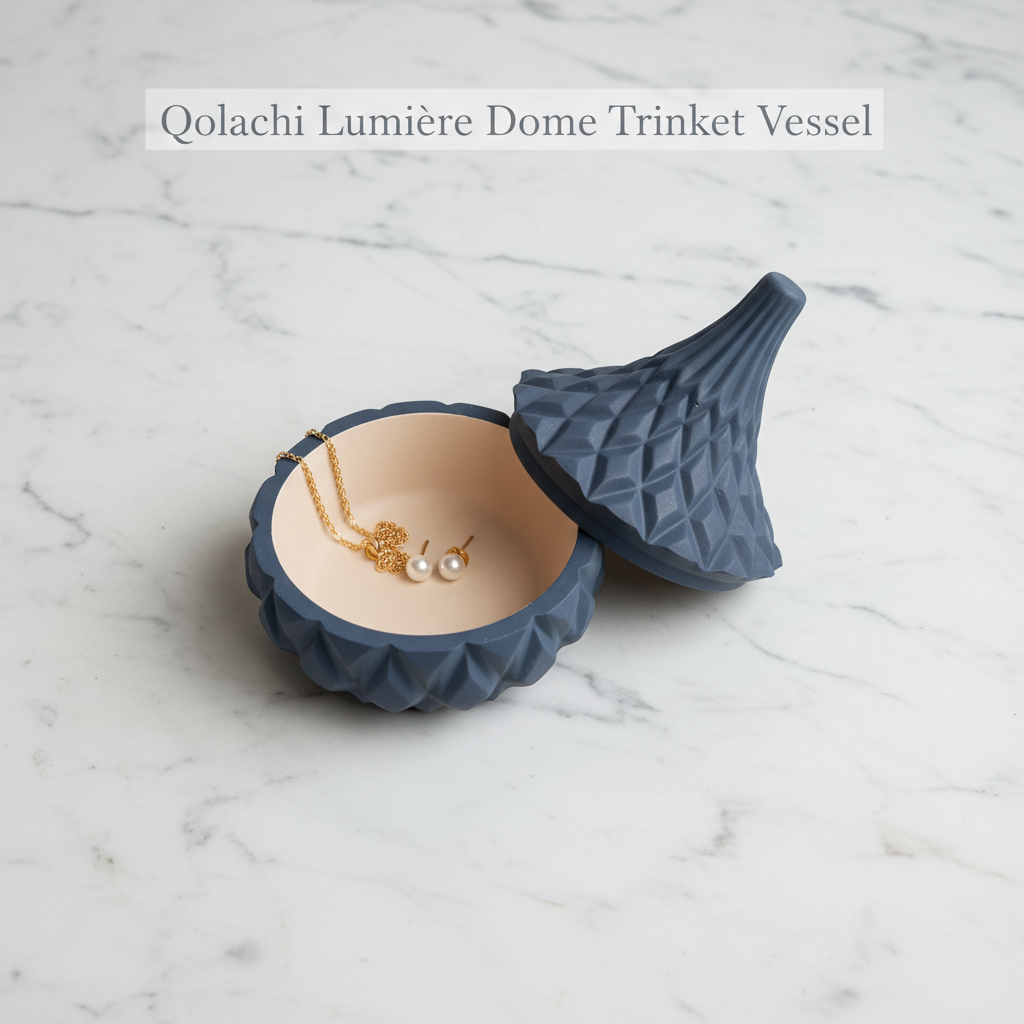 Lumière Dome open lid Slate Blue with gold chain and pearls — Qolachi branded