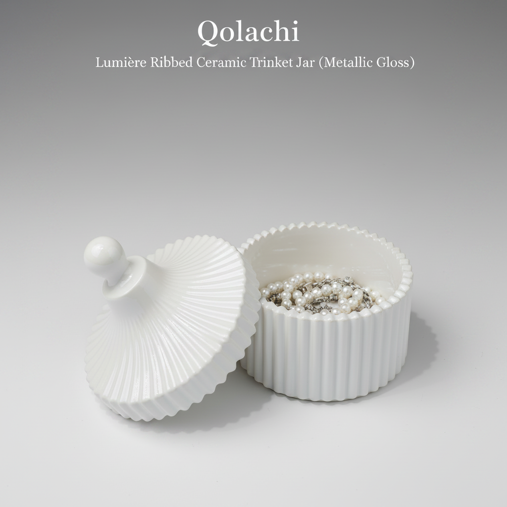 Qolachi Lumière Ribbed Ceramic Trinket Jar in White Metallic Gloss