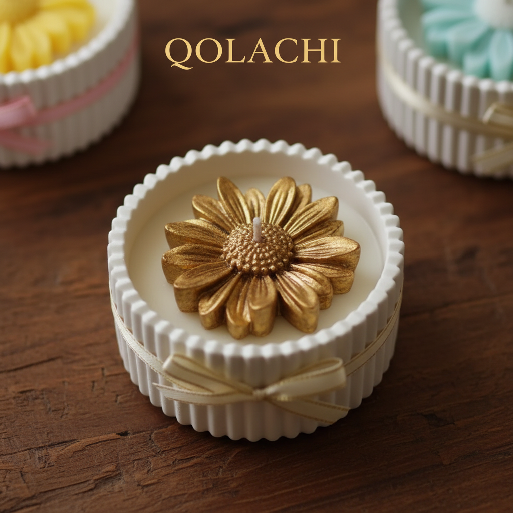 Qolachi Dahlia Lumière candle vessel in metallic antique gold on dark walnut background