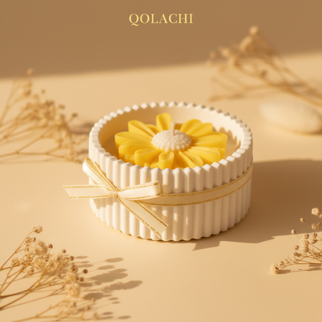 Qolachi Dahlia Lumière candle vessel in golden yellow on warm ivory background