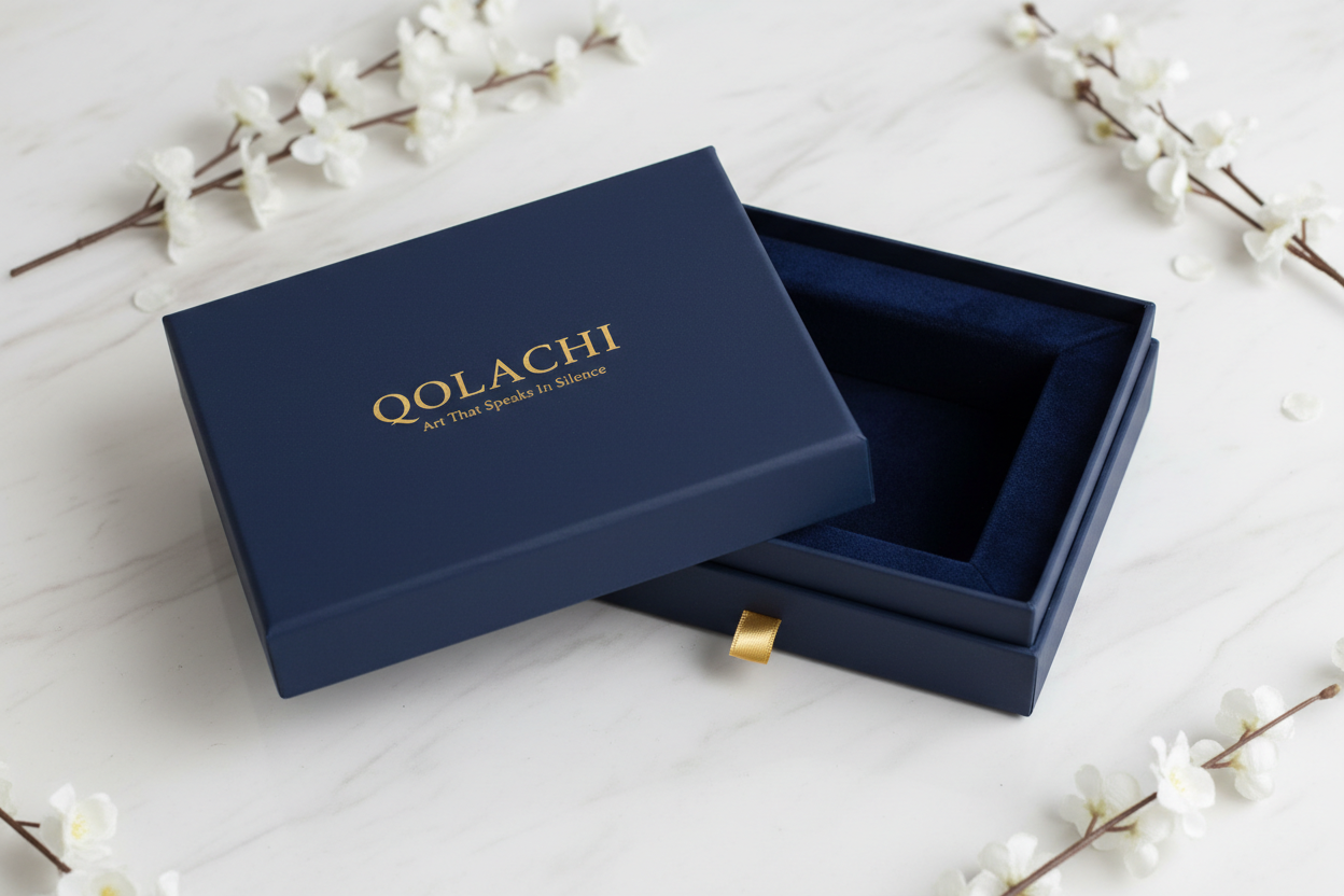 Qolachi Branded Box - Navy Blue Gold Foil Lid Open