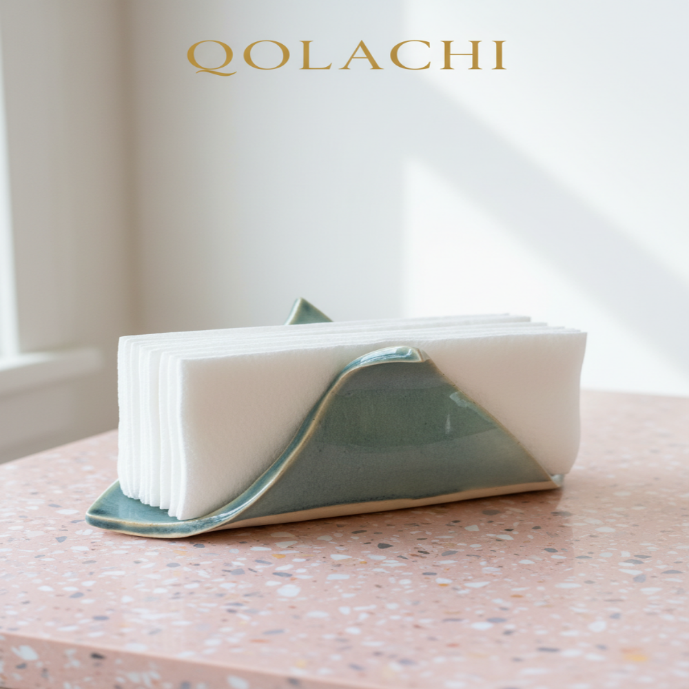 Qolachi Tidewwave ceramic napkin holder - blush terrazzo lifestyle shot