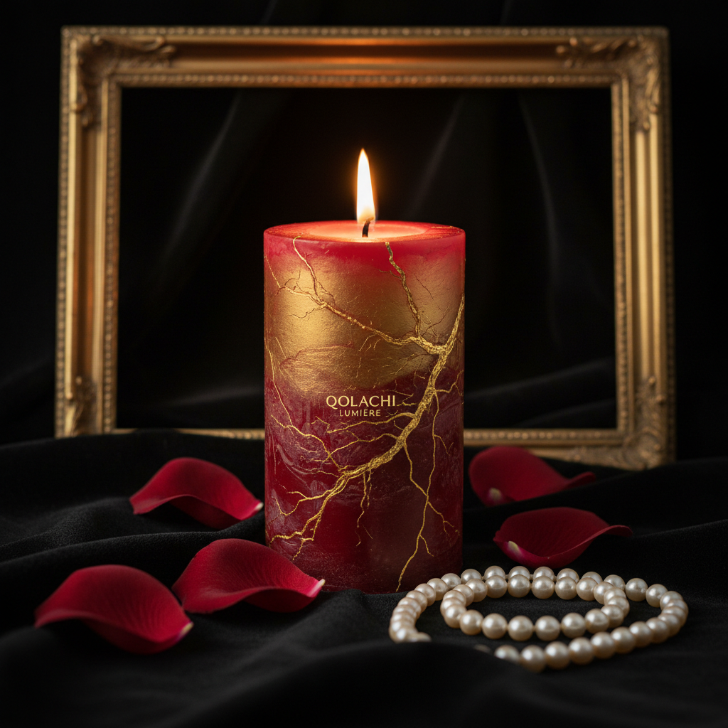 Qolachi Lumière Pillar Candle – Crimson Red & Antique Gold Dual Tone