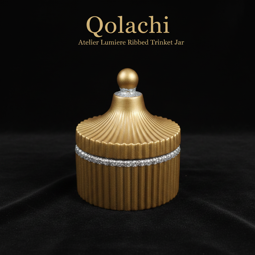 Qolachi Atelier Lumiere Ribbed Trinket Jar in Antique Gold Metallic Matte with Silver contrast