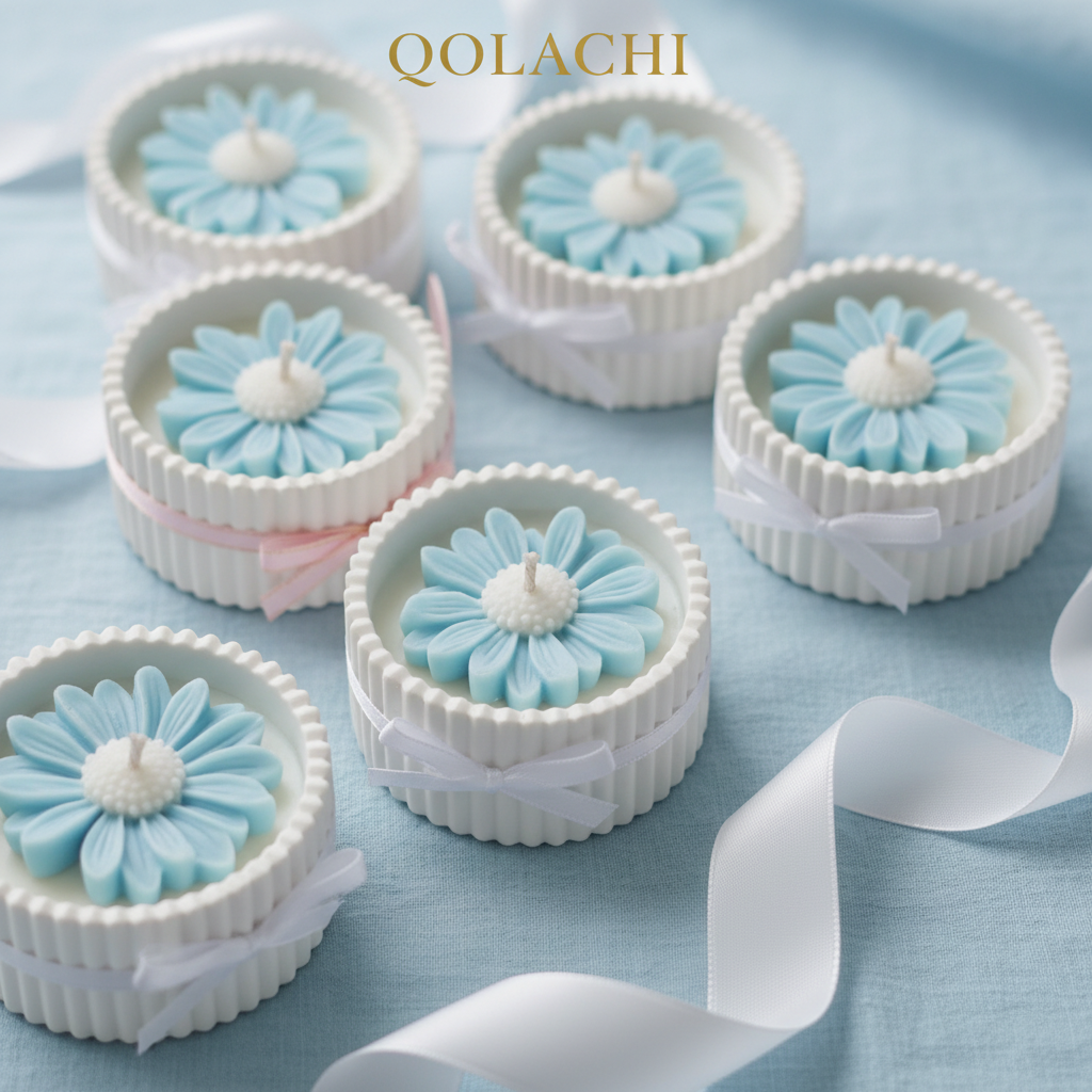 Qolachi Dahlia Lumière candle vessel in sky blue on coastal linen background