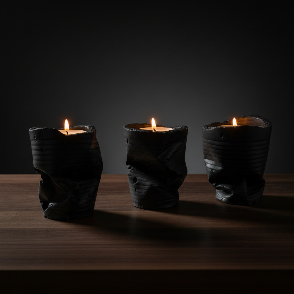 Sculpted Ember Concrete Tealight Trio in Pearl Black by Qolachi Interiors