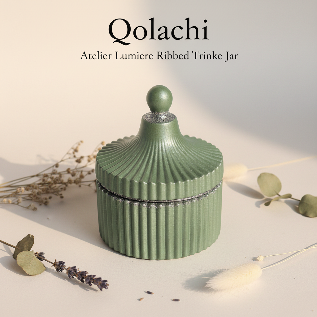Qolachi Atelier Lumiere Ribbed Trinket Jar in Sage Green Metallic Matte with Silver contrast