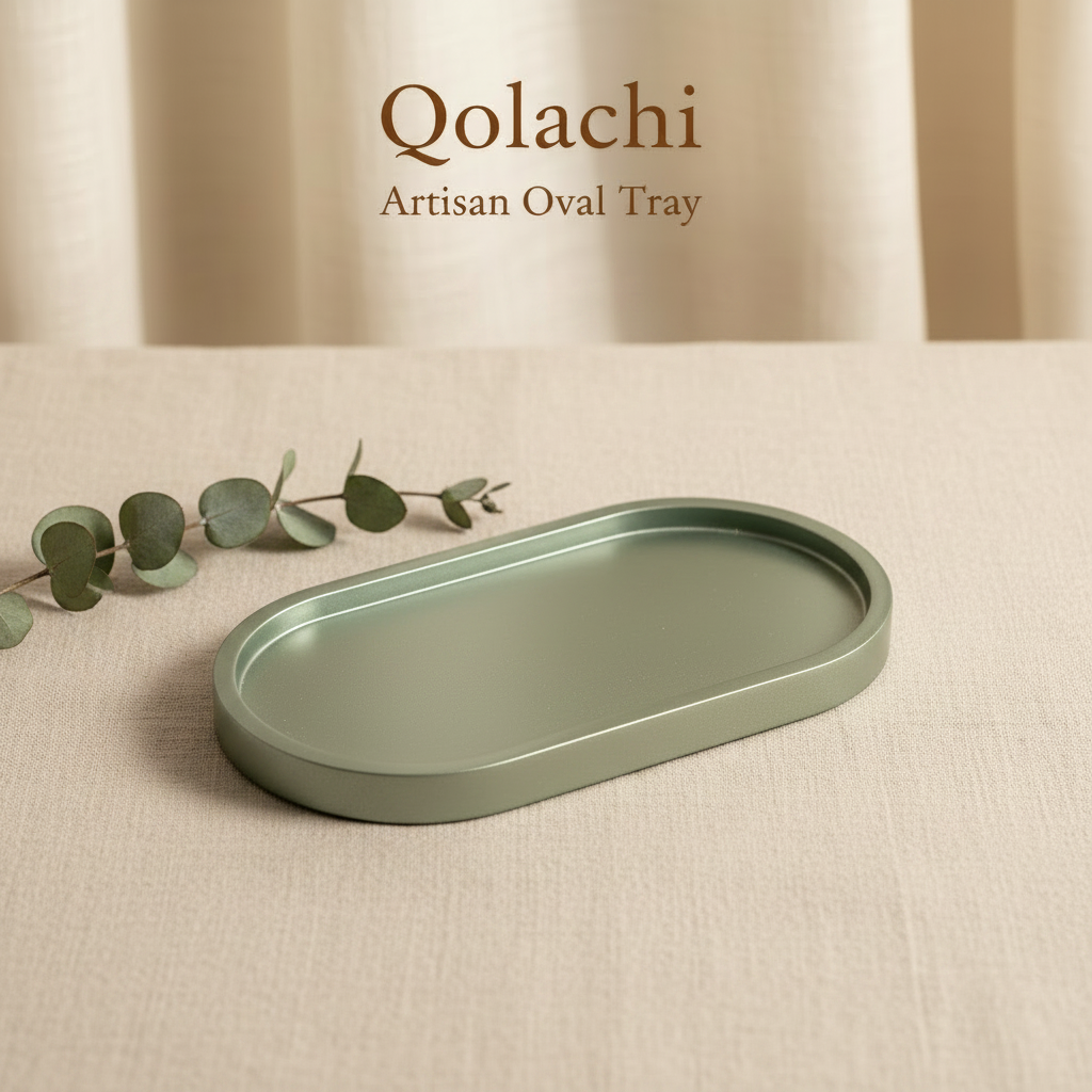 Qolachi Artisan Oval Tray - Metallic Matte Mint Olive Sage